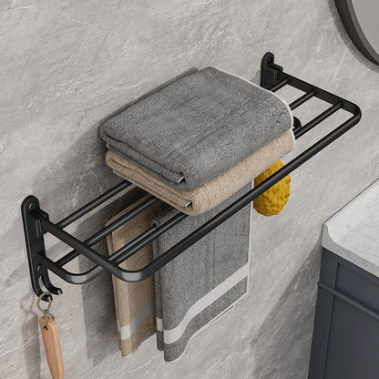 Matte Black Wall Mount Aluminium Towel Rack, Folding Holder With Hook