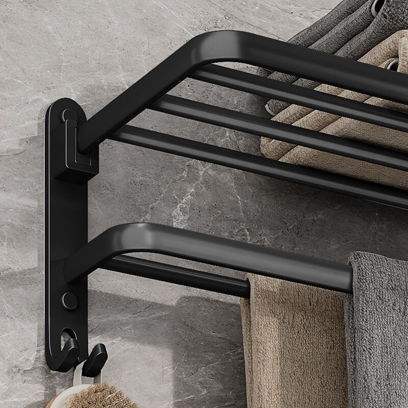 Matte Black Wall Mount Aluminium Towel Rack, Folding Holder With Hook