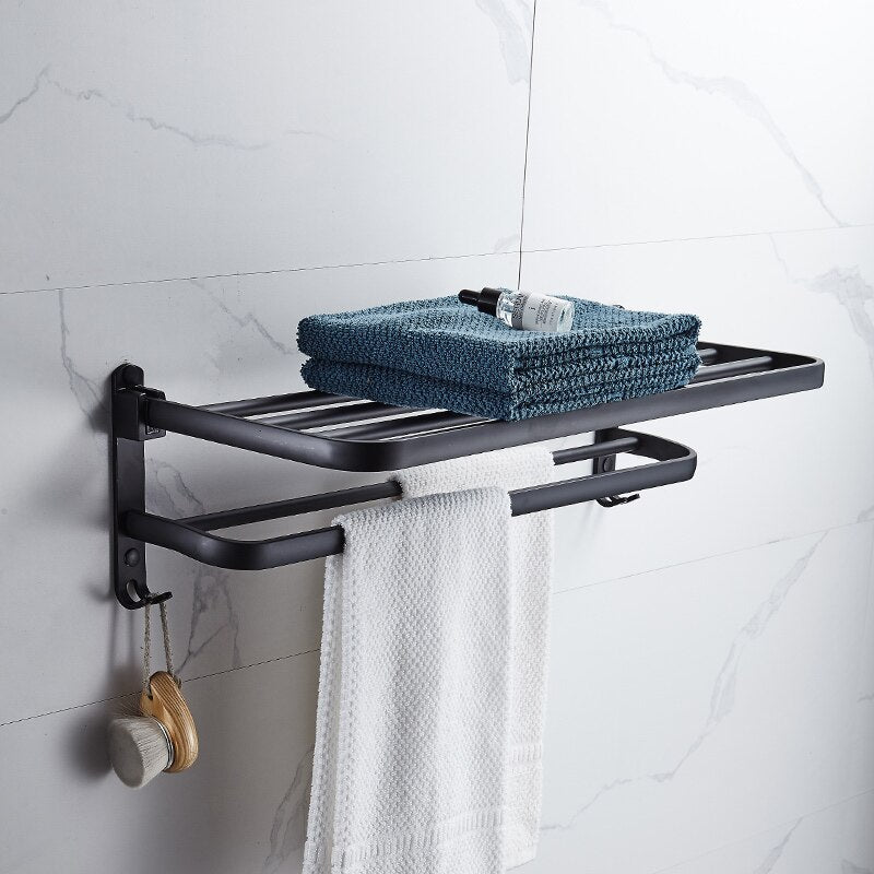 Matte Black Wall Mount Aluminium Towel Rack, Folding Holder With Hook