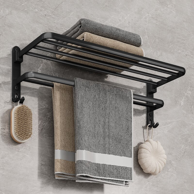Matte Black Wall Mount Aluminium Towel Rack, Folding Holder With Hook