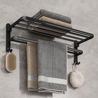 Matte Black Wall Mount Aluminium Towel Rack, Folding Holder With Hook
