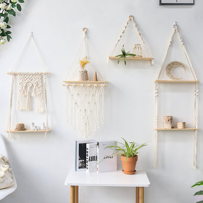 Boho Home Decor Shelves, Floating Macrame Wall Shelf, Wood Decoration for Living Room