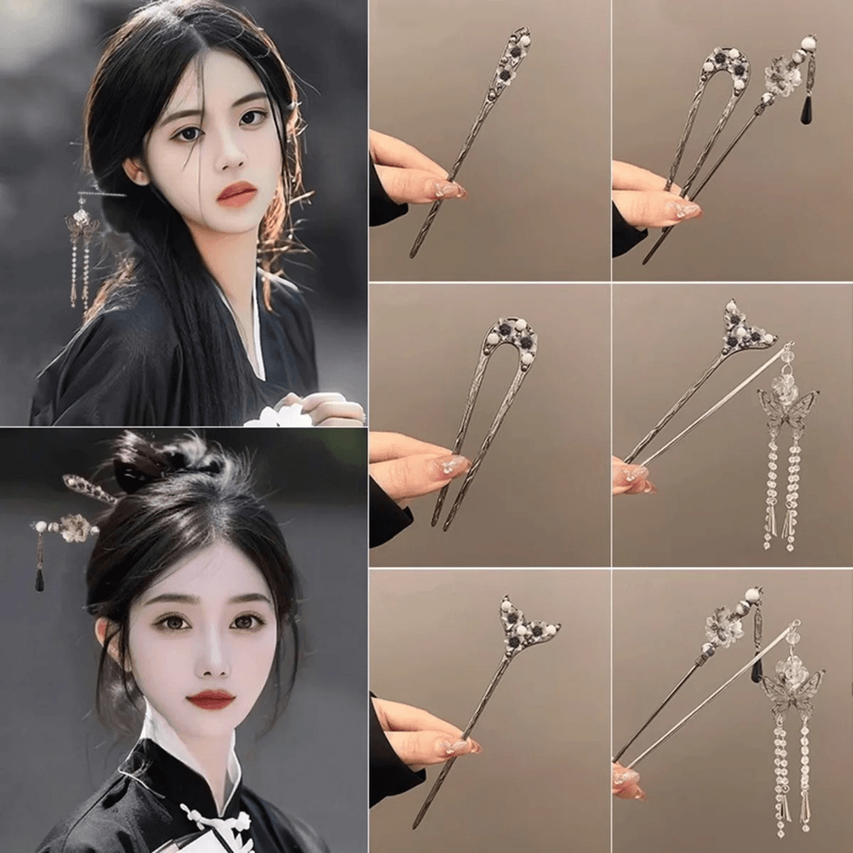 InkBloom Neo Chinese Flower Tassel Hair Stick for Women
