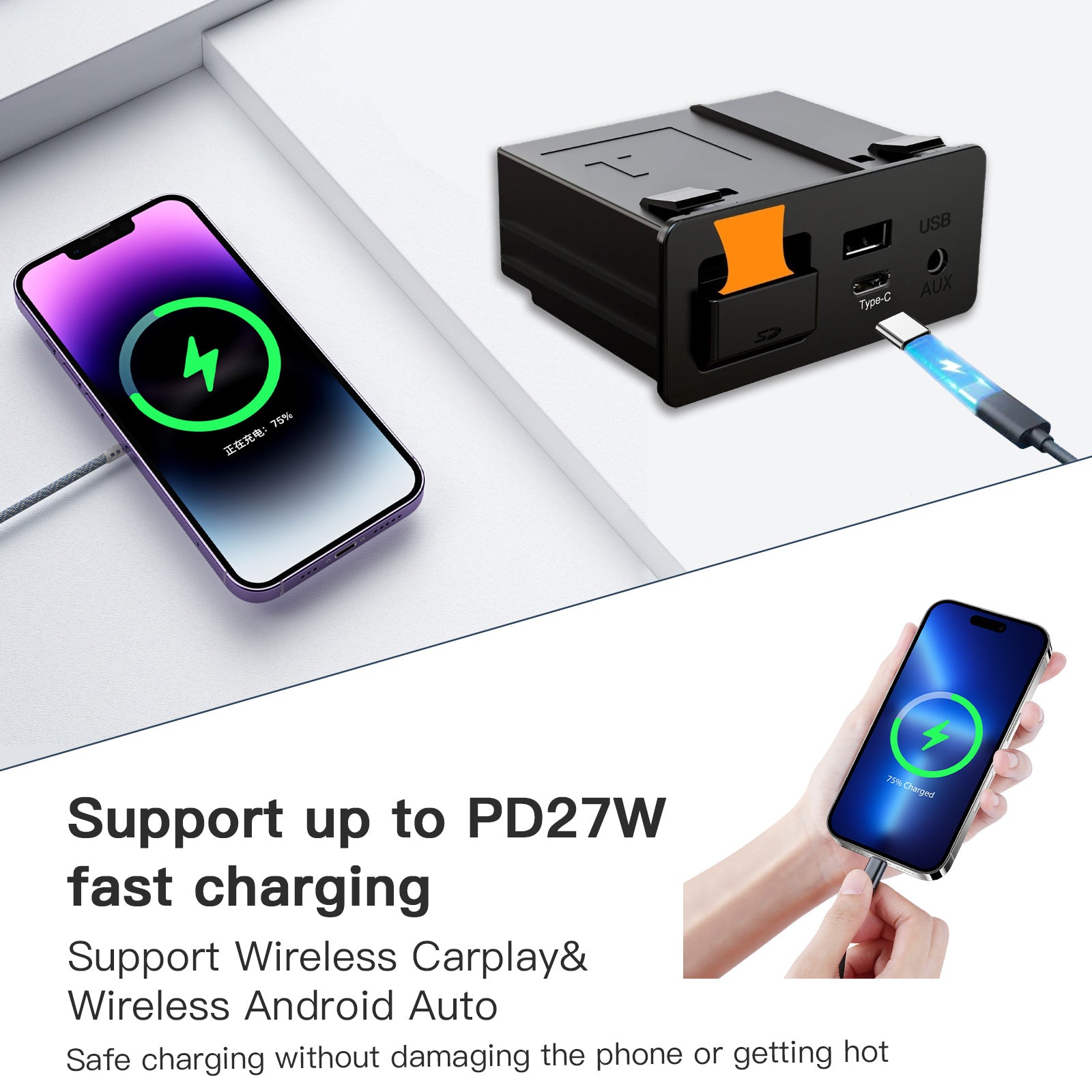 Wireless Type-C CarPlay and Android Auto Adapter UBS Hub, OEM for Mazda Retrofit Kit for Mazda