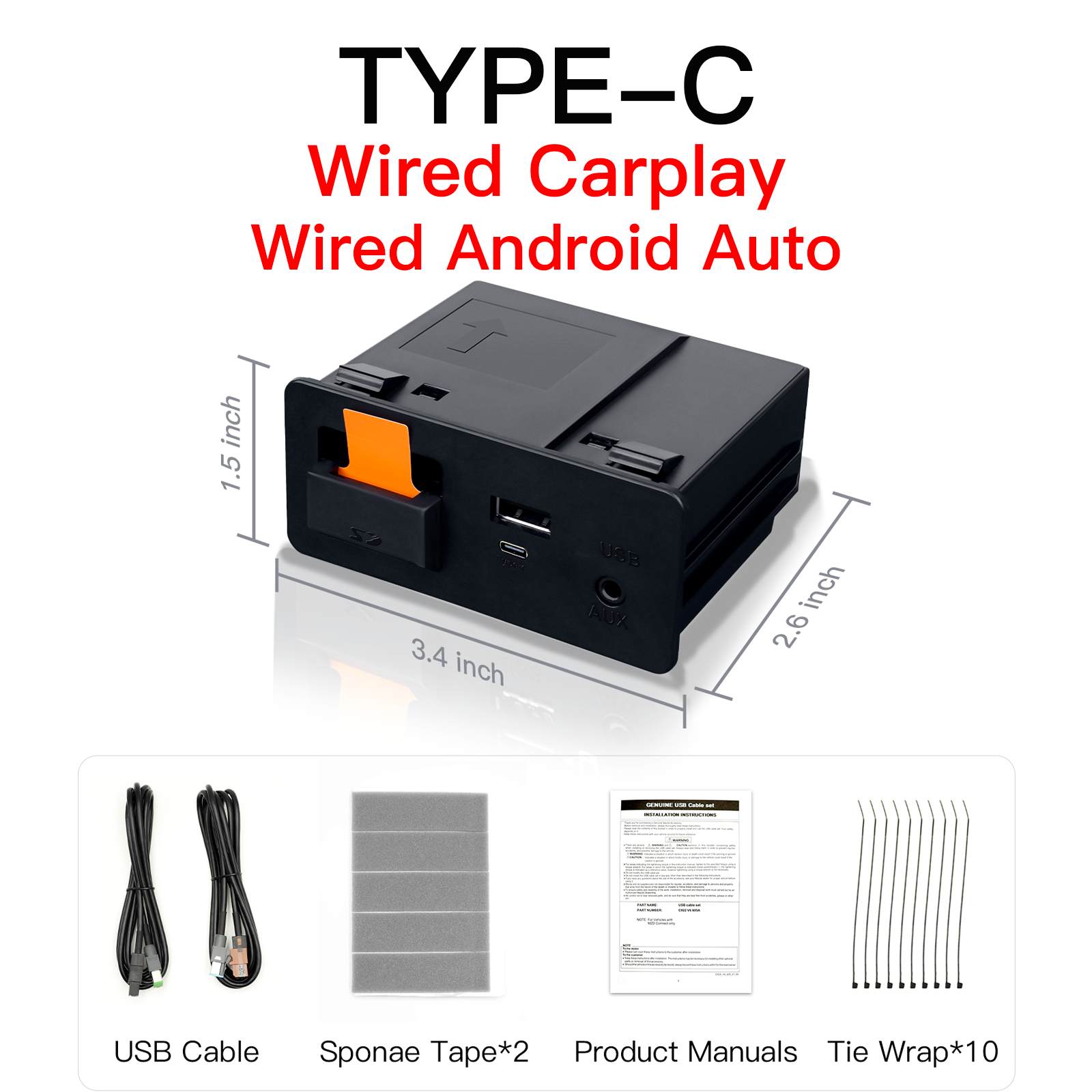 Wireless Type-C CarPlay and Android Auto Adapter UBS Hub, OEM for Mazda Retrofit Kit for Mazda