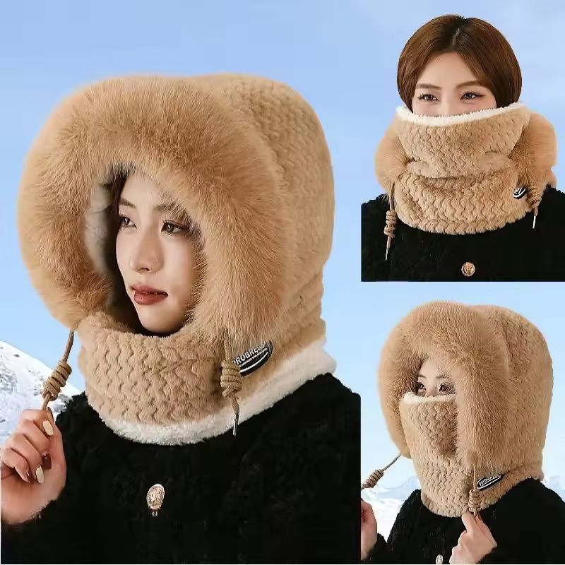 CozyShield Womens 3in1 Winter Thermal Plush Hood Scarf Mask Windproof EarProtection Hat 3