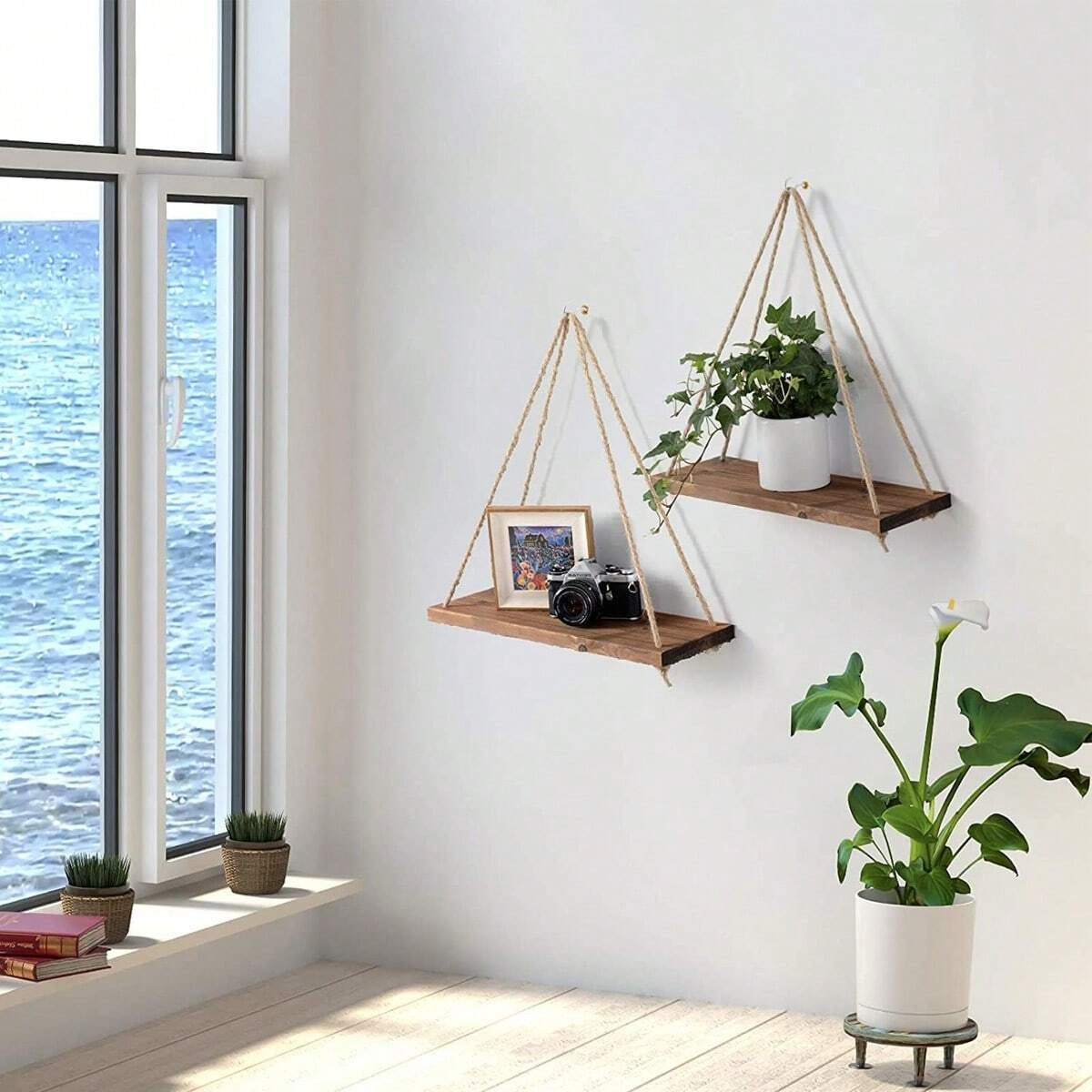 Wooden Storage Rack, Wall Decoration, Hanging Rope Flower Pot Rack