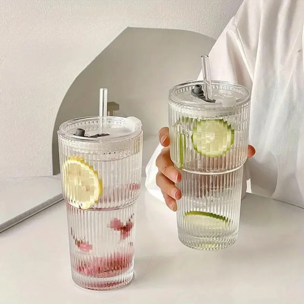 Stripe Glass Cup with Lid, Straw, Transparent Drinking Glasses for Juice, Water, and Iced Coffee