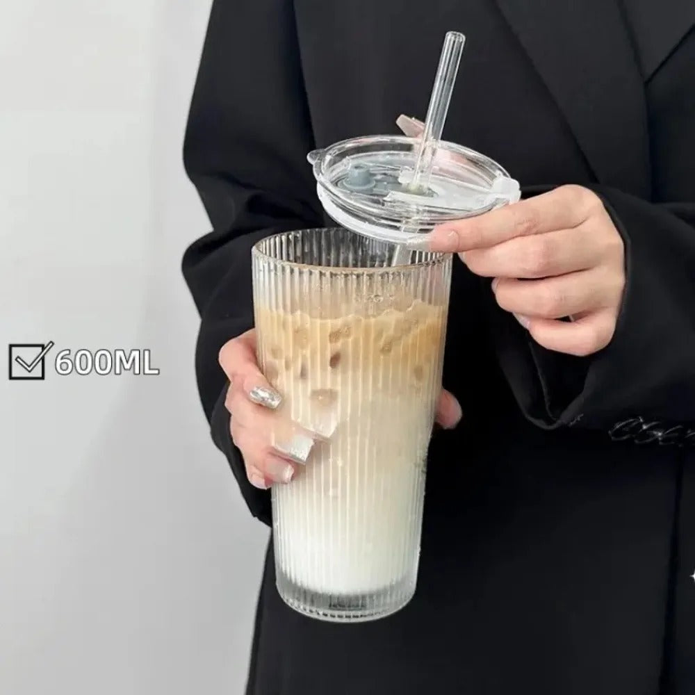 Stripe Glass Cup with Lid, Straw, Transparent Drinking Glasses for Juice, Water, and Iced Coffee