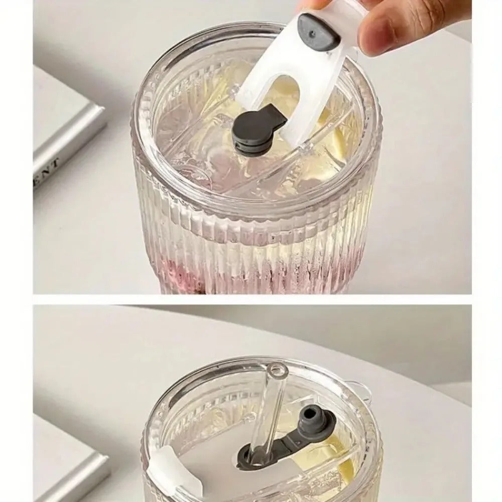 Stripe Glass Cup with Lid, Straw, Transparent Drinking Glasses for Juice, Water, and Iced Coffee