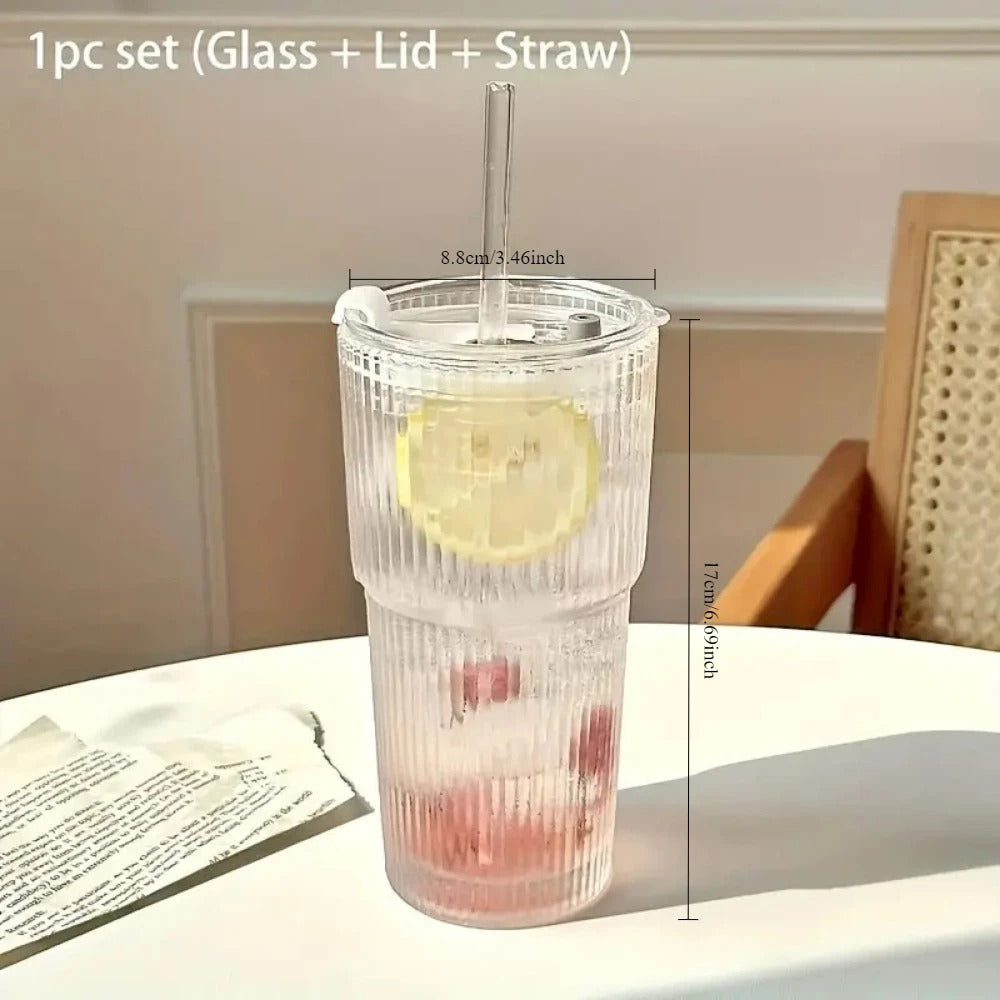 Stripe Glass Cup with Lid, Straw, Transparent Drinking Glasses for Juice, Water, and Iced Coffee
