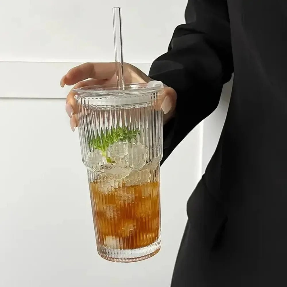 Stripe Glass Cup with Lid, Straw, Transparent Drinking Glasses for Juice, Water, and Iced Coffee