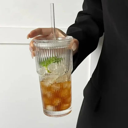 Stripe Glass Cup with Lid, Straw, Transparent Drinking Glasses for Juice, Water, and Iced Coffee