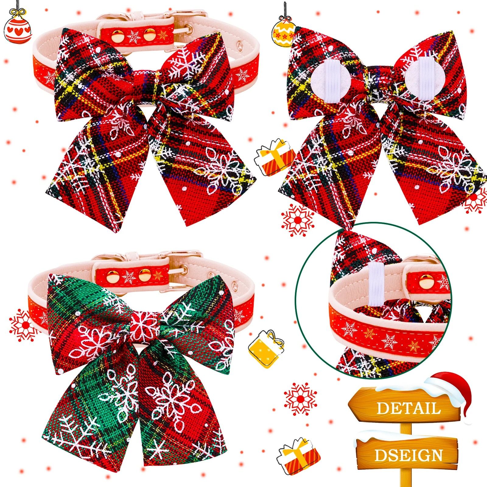 Movable Winter Dog Collars With Elastic Bands And Christmas Bow Ties  2 PCS Set 3
