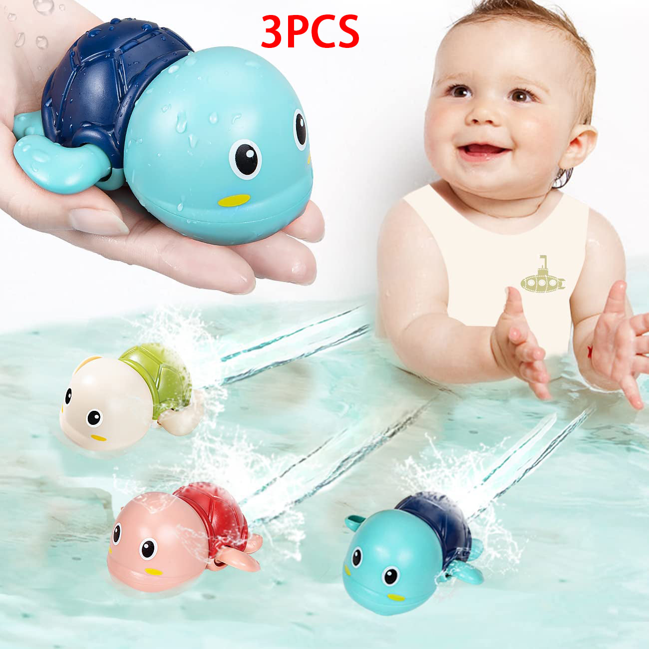 Water Chain Clockwork Bath Toys for Babies, Cute Swimming Turtle Toy Toddler Pool Beach Classic Kids Bathing Water