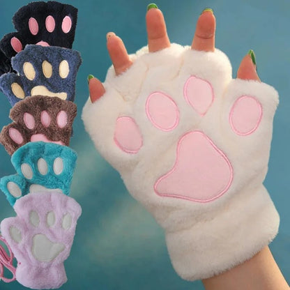 Plush Cat Paw Fingerless Gloves