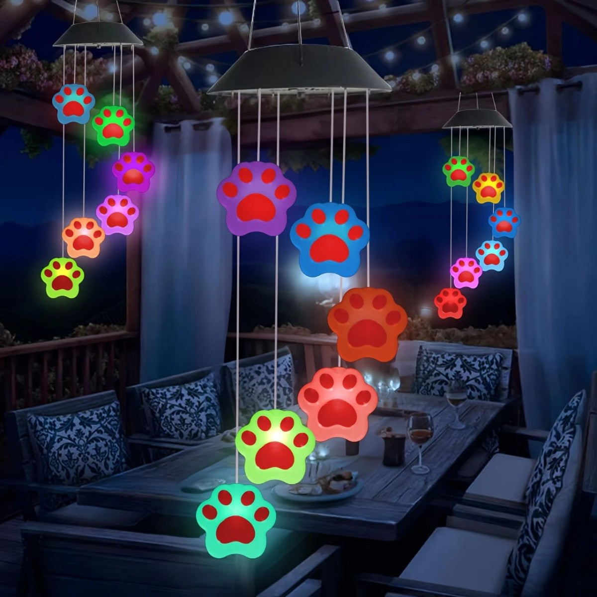 Outdoor colorful garden lights, set of vibrant paw print solar wind chime lights, easy install, bright solar powered