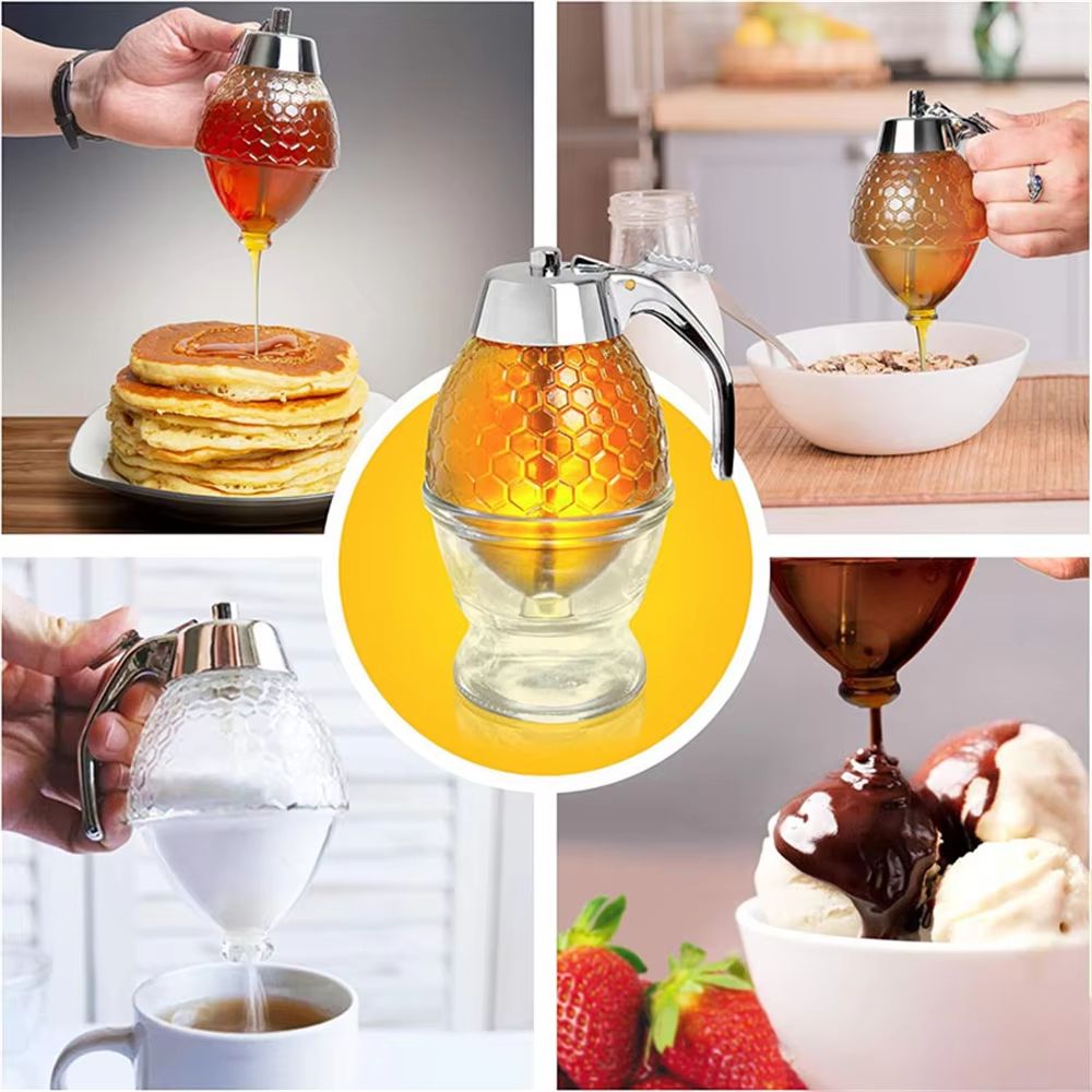 DripFree Glass Honey Dispenser With Stand  Squeeze Bottle For Syrup Juice  Condiments 3