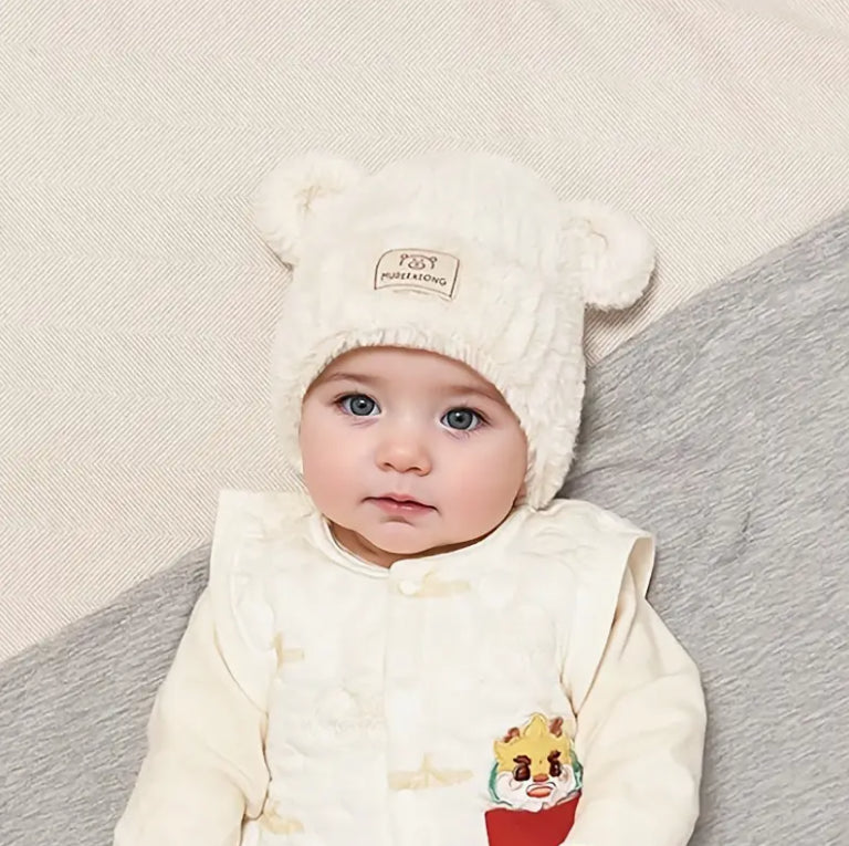 Cozy Winter Baby Hat with Bear Ears, Heart Cutouts, Soft Plush Lining for Kids