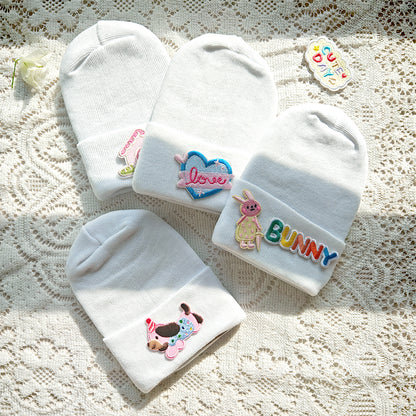 Months Cute Cartoon Label Hat for Baby, Toddler Knitted Beanie Hat, Crochet Warm White Bonnet, Baby Clothing Accessory