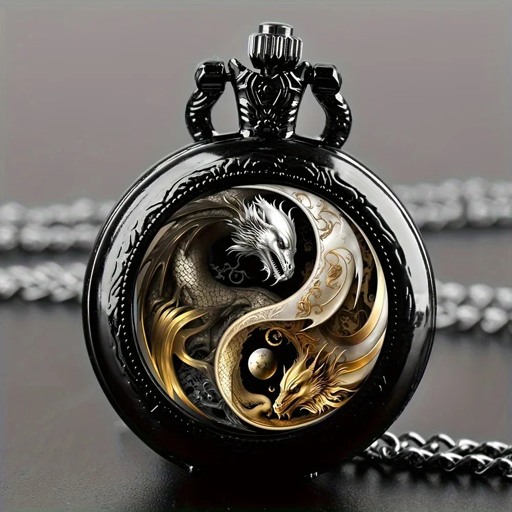 Retro Golden Silvery Double Dragon Quartz Pocket Watch, Stylish Design