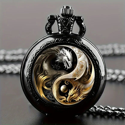 Retro Golden Silvery Double Dragon Quartz Pocket Watch, Stylish Design