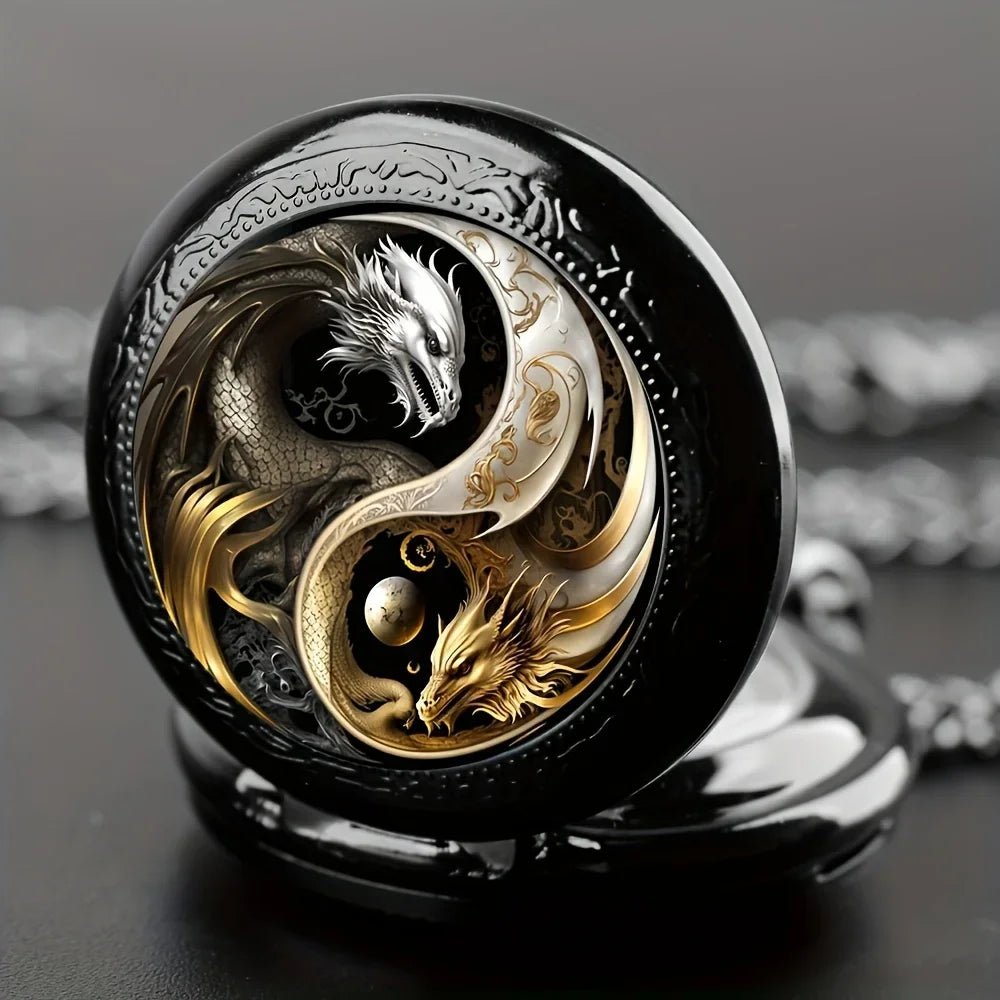 Retro Golden Silvery Double Dragon Quartz Pocket Watch Stylish Design 1