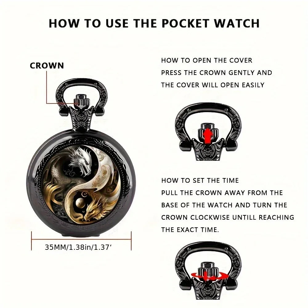 Retro Golden Silvery Double Dragon Quartz Pocket Watch Stylish Design 3