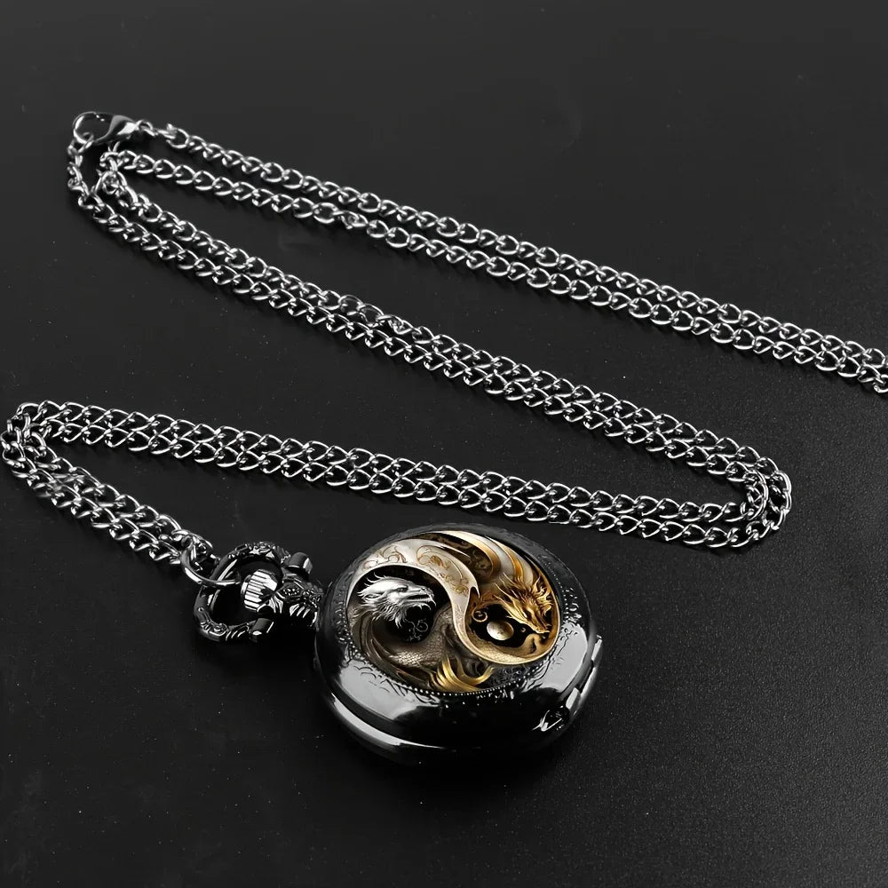 Retro Golden Silvery Double Dragon Quartz Pocket Watch Stylish Design 4