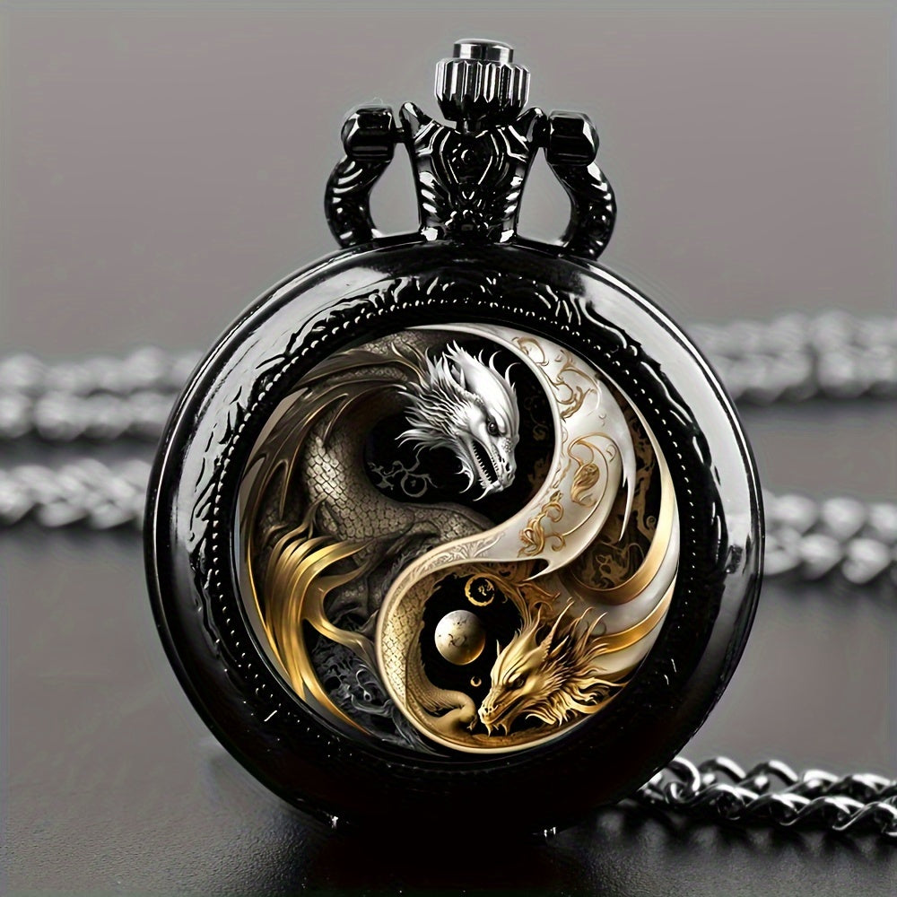 Retro Golden Silvery Double Dragon Quartz Pocket Watch Stylish Design 5