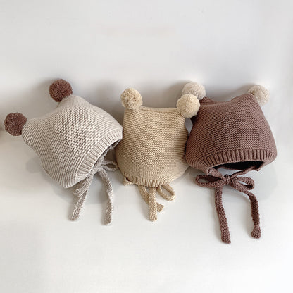 Winter Warm Toddler Knitted Hat, Korean Baby Ear Protection Hat, Woolen Crochet Bonnet, Double Ball Kids Beanie