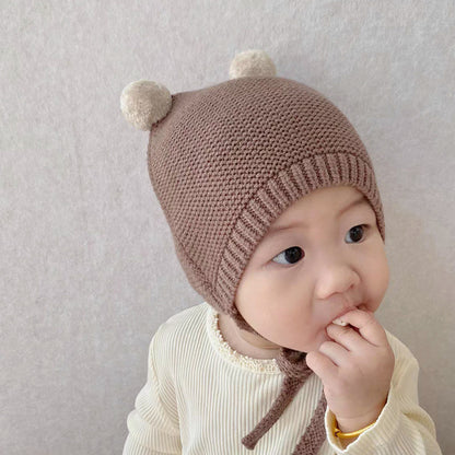 Winter Warm Toddler Knitted Hat, Korean Baby Ear Protection Hat, Woolen Crochet Bonnet, Double Ball Kids Beanie
