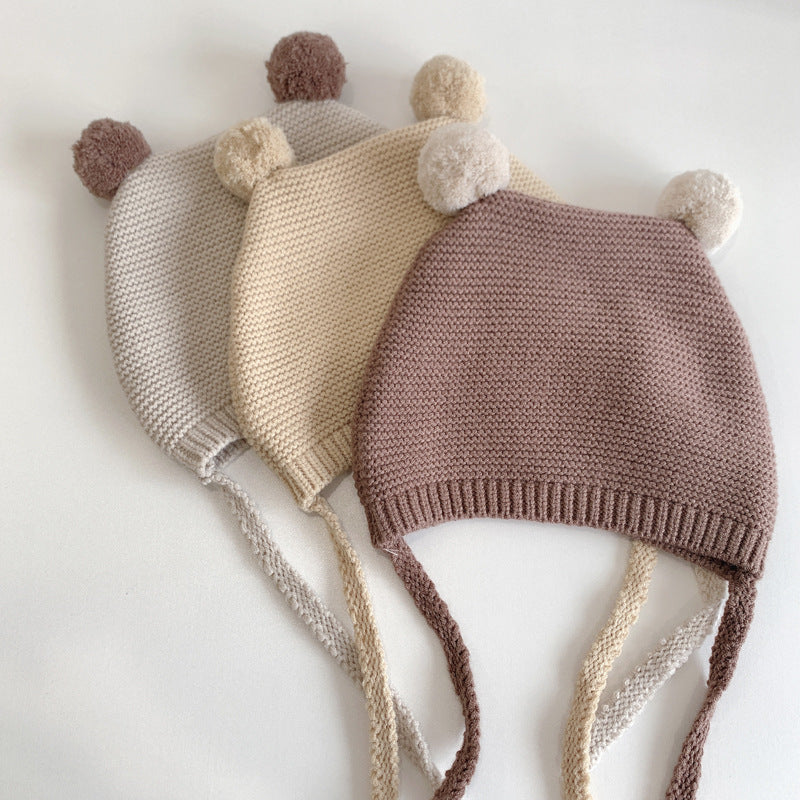 Winter Warm Toddler Knitted Hat, Korean Baby Ear Protection Hat, Woolen Crochet Bonnet, Double Ball Kids Beanie