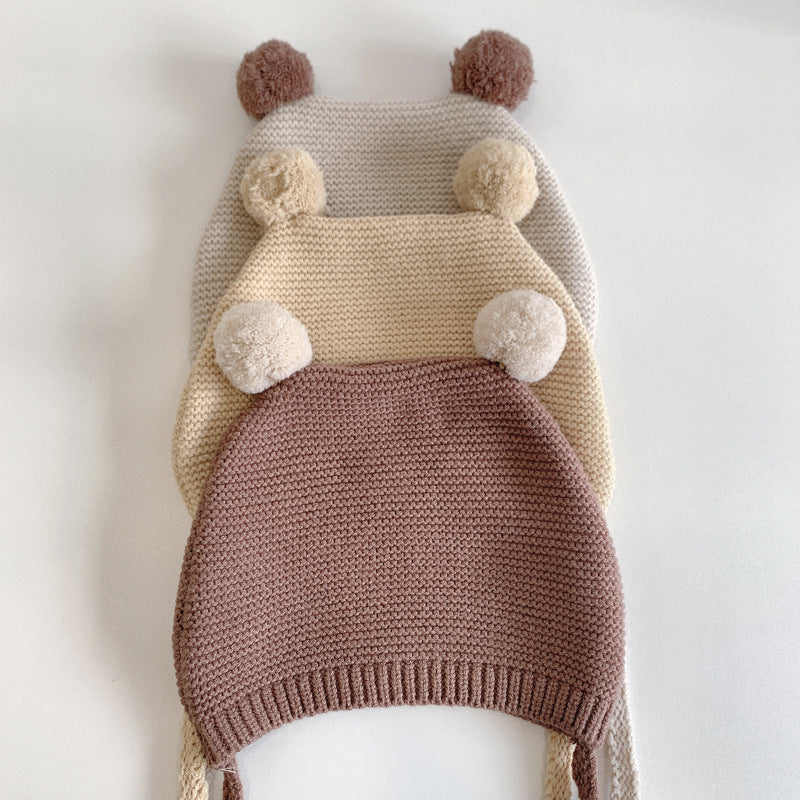 Winter Warm Toddler Knitted Hat, Korean Baby Ear Protection Hat, Woolen Crochet Bonnet, Double Ball Kids Beanie