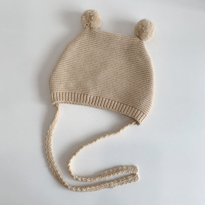 Winter Warm Toddler Knitted Hat, Korean Baby Ear Protection Hat, Woolen Crochet Bonnet, Double Ball Kids Beanie