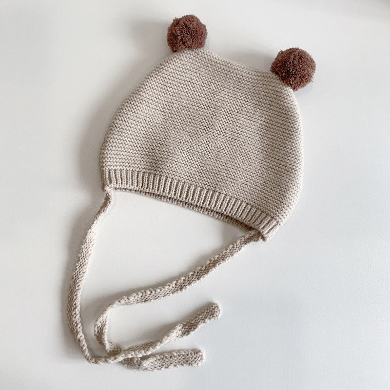 Winter Warm Toddler Knitted Hat, Korean Baby Ear Protection Hat, Woolen Crochet Bonnet, Double Ball Kids Beanie