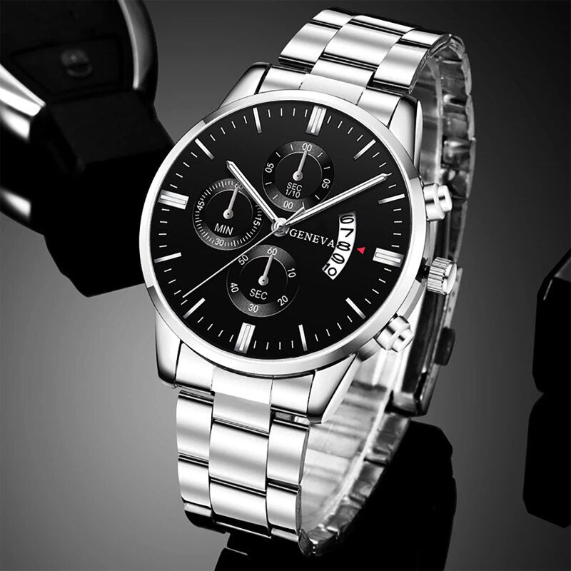 Fashion Men Watches, Luxury Silver Stainless Steel Quartz, Business Watch for Men, Calendar Clock