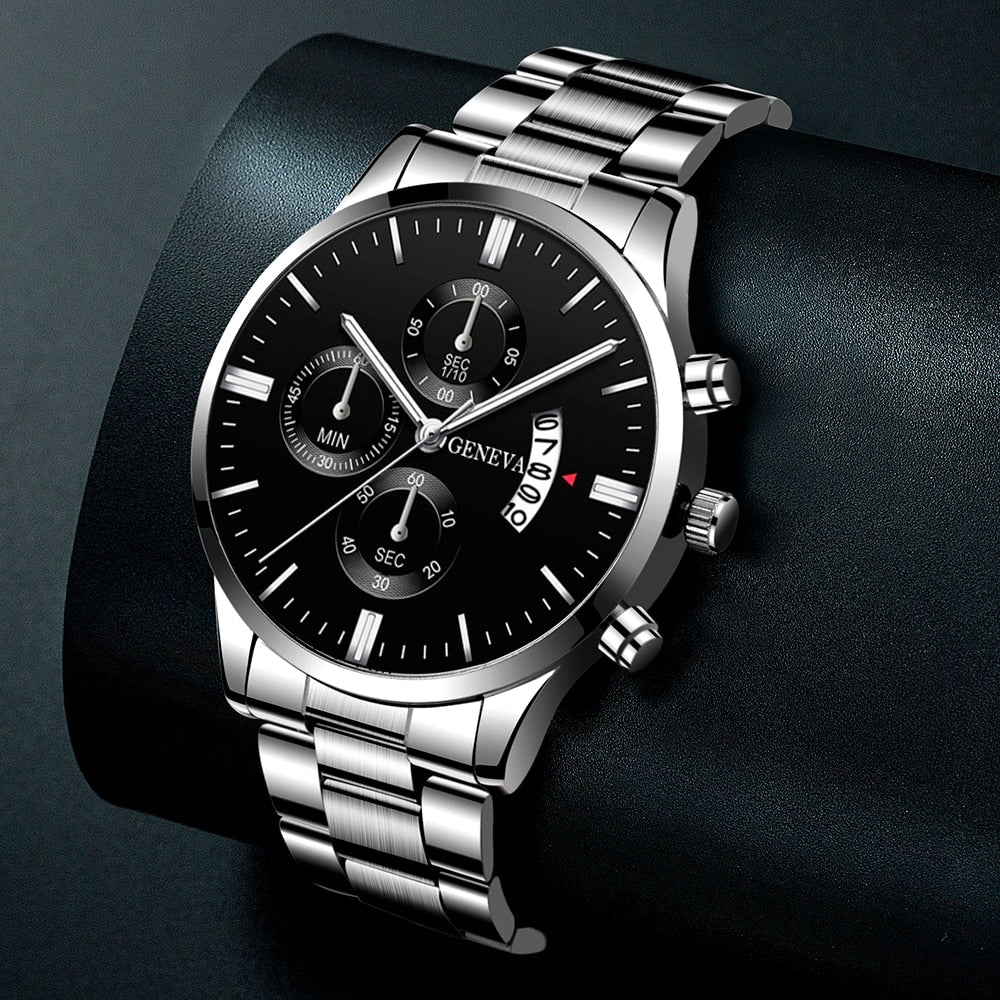 Fashion Men Watches, Luxury Silver Stainless Steel Quartz, Business Watch for Men, Calendar Clock