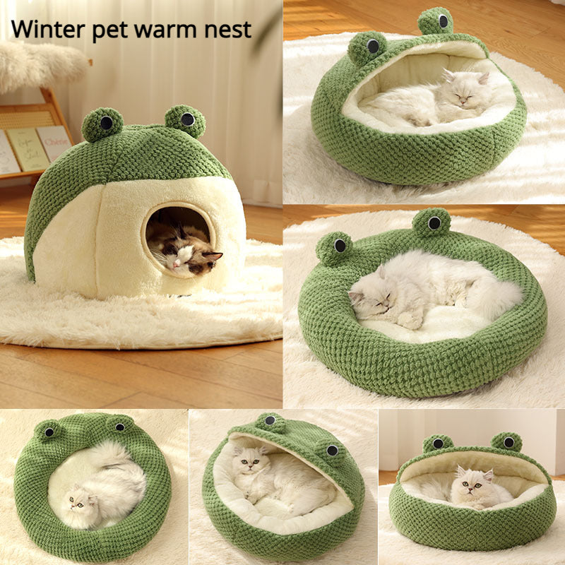 Winter Warm Pet Nest, Small Frog Shape Puppy House, Plush Cats Den, Semi Enclosed Kitten Mattress