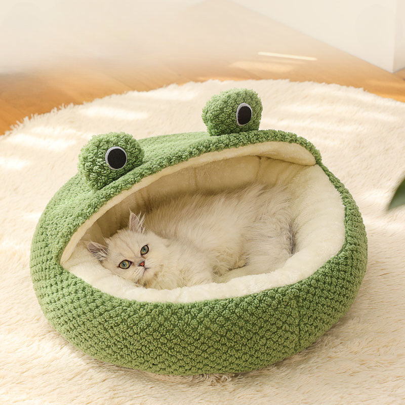 Winter Warm Pet Nest, Small Frog Shape Puppy House, Plush Cats Den, Semi Enclosed Kitten Mattress