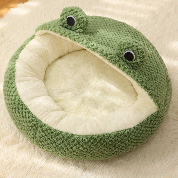 Winter Warm Pet Nest, Small Frog Shape Puppy House, Plush Cats Den, Semi Enclosed Kitten Mattress