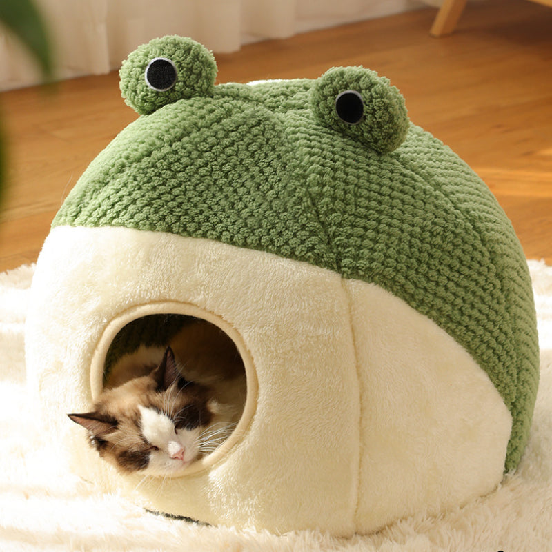 Winter Warm Pet Nest, Small Frog Shape Puppy House, Plush Cats Den, Semi Enclosed Kitten Mattress
