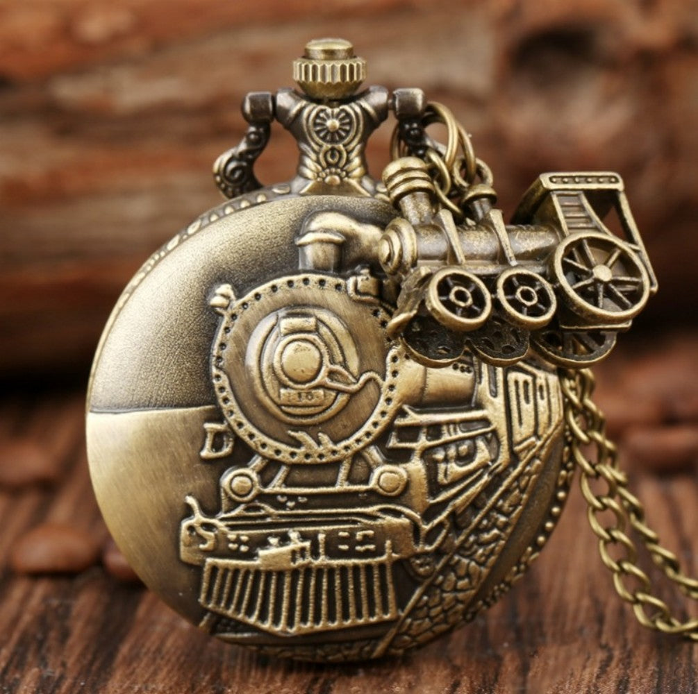 Vintage Classic Steampunk Train Quartz Pocket Watch, Necklace Chain Pendant Souvenir Gift Clock for Men and Kids