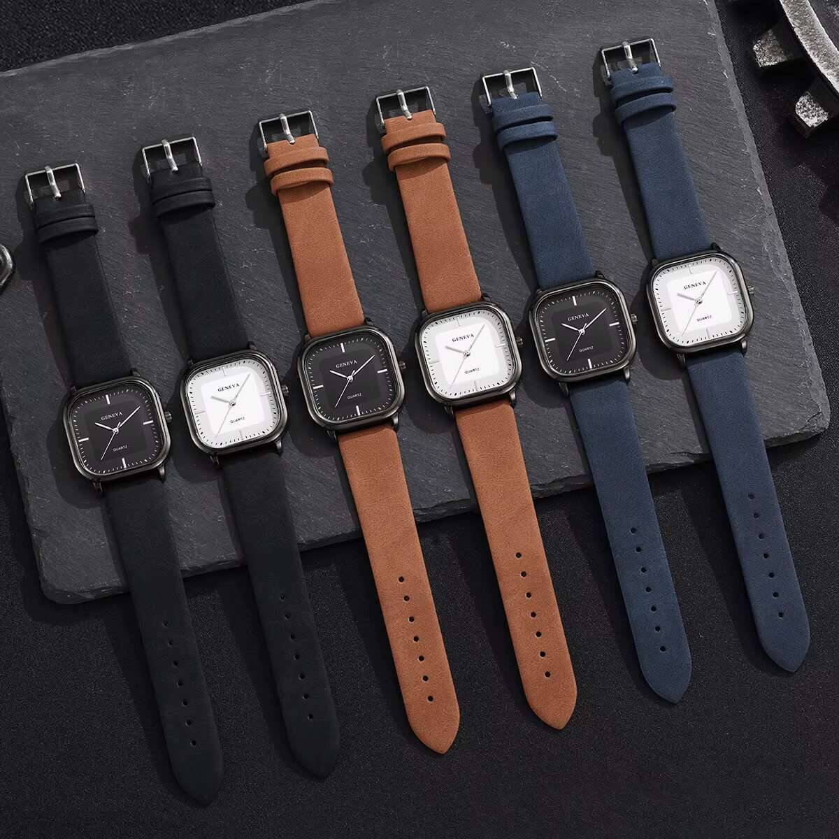 Fashion Square Men Quartz Watch Minimalist Leather Strap Wrist Watch 5