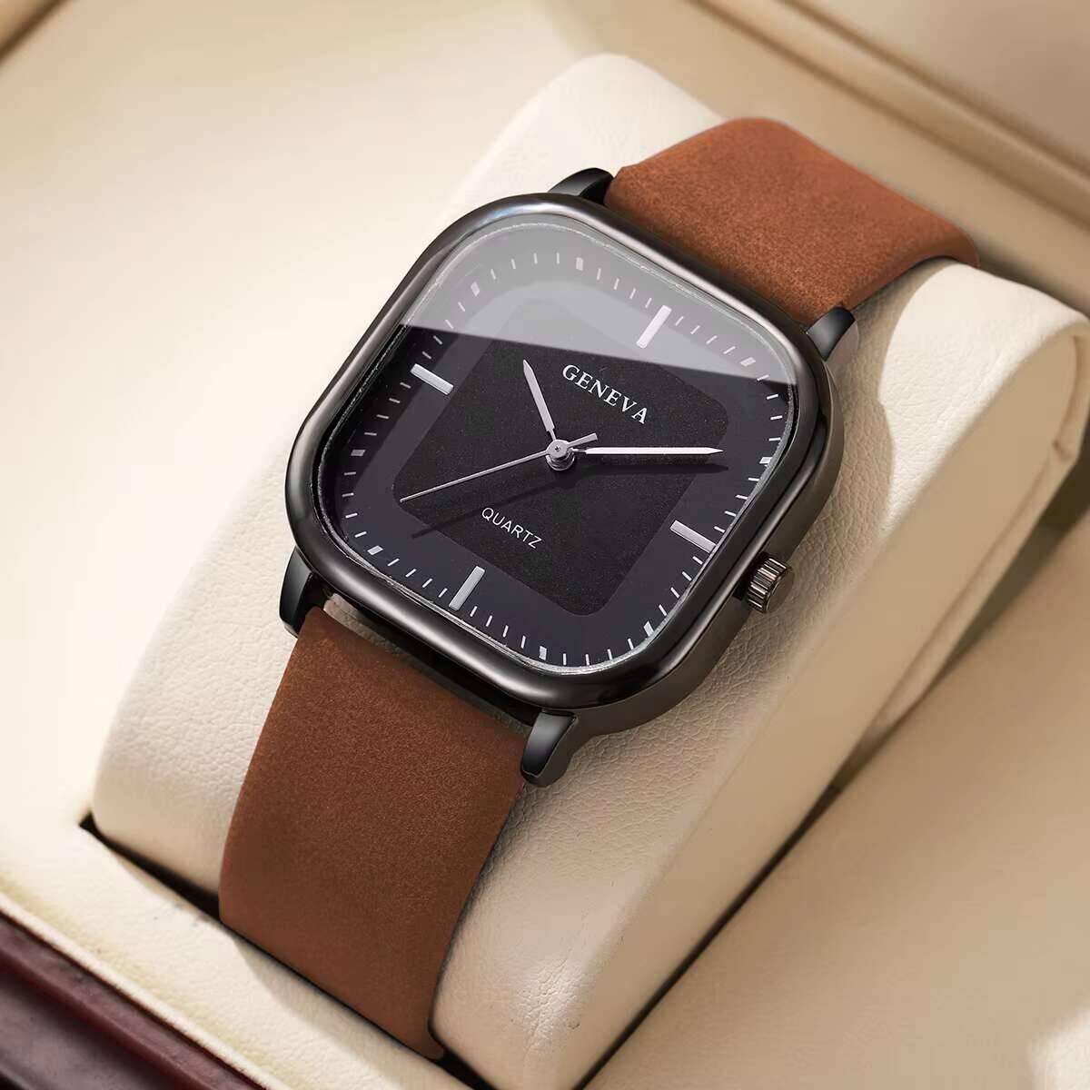 Fashion Square Men Quartz Watch Minimalist Leather Strap Wrist Watch 9