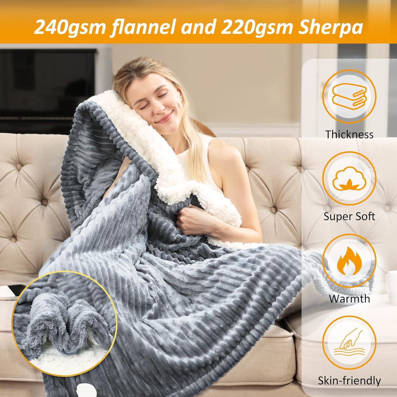 Electric Heating Blanket with Stripesd Flannel, 6-Speed Temperature Control and 5-Speed Timed Shutdown