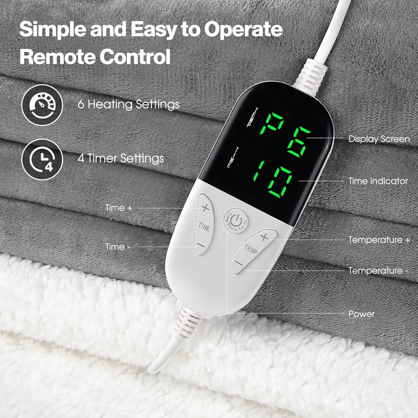 Electric Heating Blanket with Stripesd Flannel, 6-Speed Temperature Control and 5-Speed Timed Shutdown