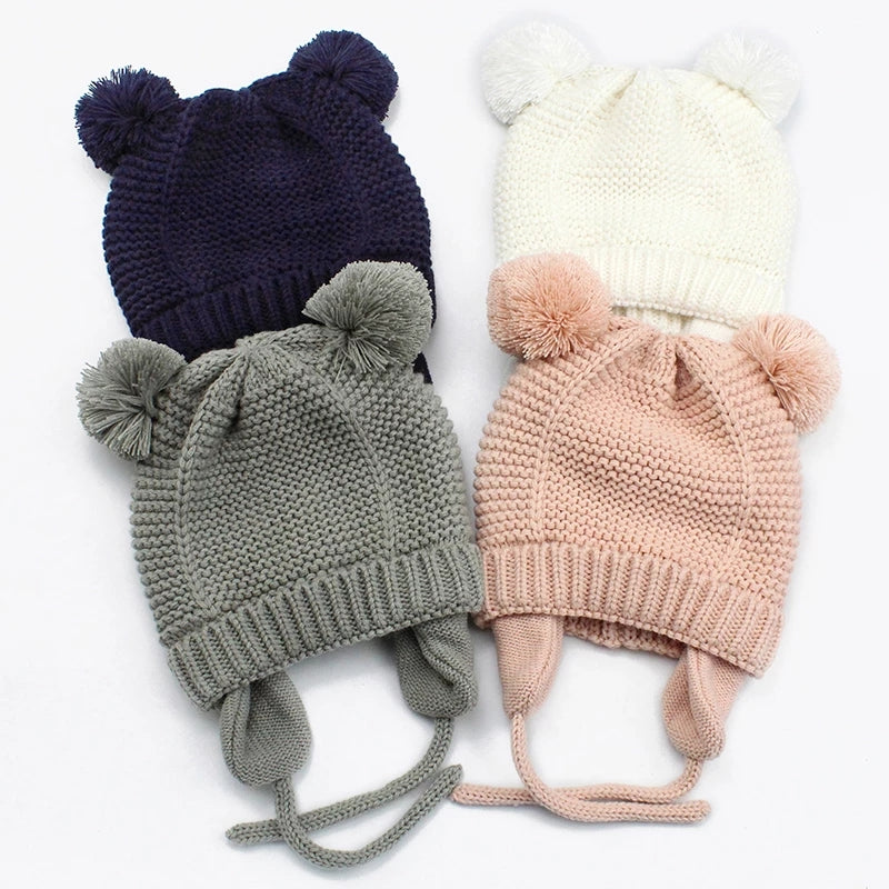 Thick Winter Ear Kids Hat Baby Bonnet, Winter Baby Stuff Hat for Boy Girls, Accessories Knited Cap Kids Hat Fleece Warm