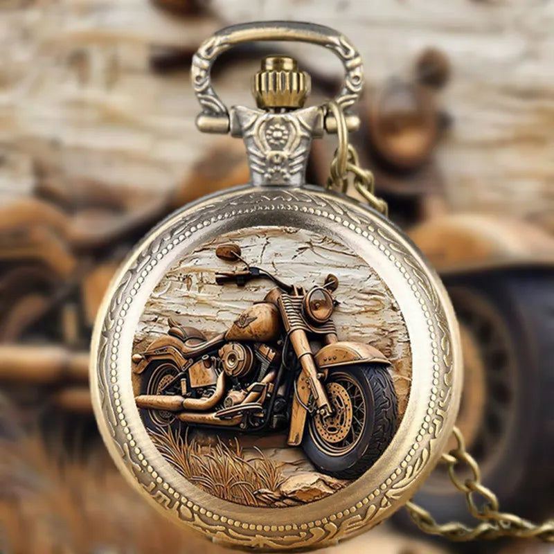 Exquisite Vintage Motorbike Pocket Watch, Retro Bronze Creative Clock, Cowboy Necklace Chain