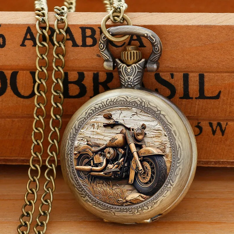 Exquisite Vintage Motorbike Pocket Watch Retro Bronze Creative Clock Cowboy Necklace Chain 4